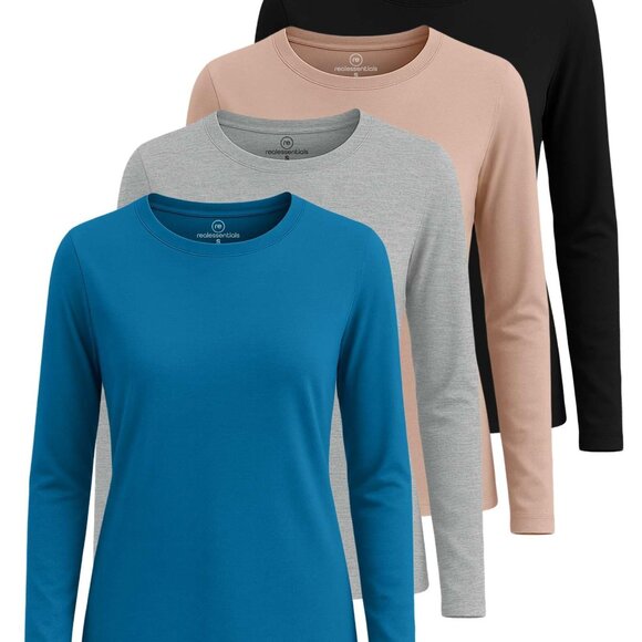 Classic Fit Long Sleeve Crewneck T-Shirt 4 Pack Cotton Blend Minimal Chic
